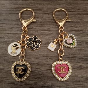 BUNDLE of Authentic CHANEL black and pink heart button on an unbranded keychain